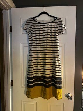 Boden Navy and White Striped Midi Dress with Yellow Hem